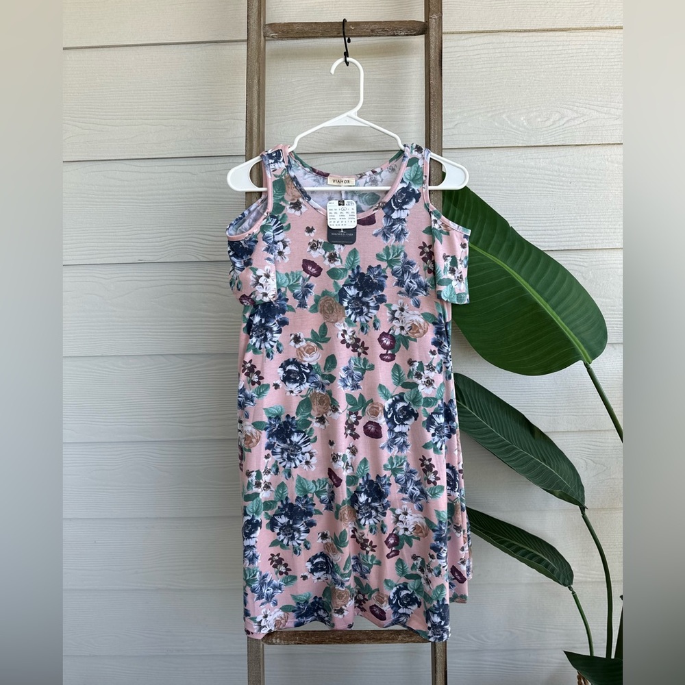 Dusty Rose and Navy Blue Floral Cold Shoulder Midi Dress